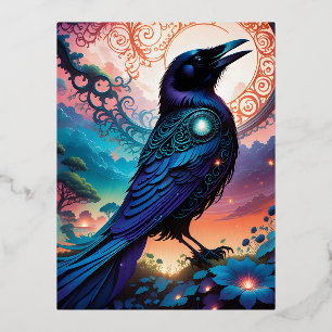 This raven silhouette illustration is simply gorge foil holiday postcard