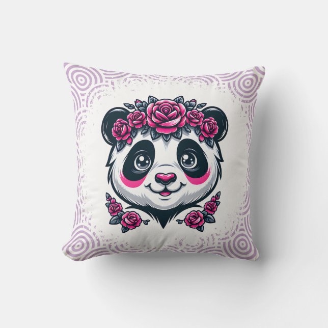 This smiling panda framed by pink roses blends exo cushion (Front)