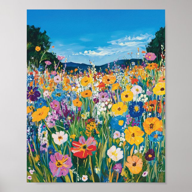 This vibrant painting depicts a field of wildflowe poster (Front)