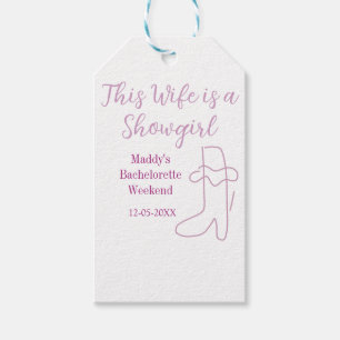 this wife is a showgirl bachelorette party purple gift tags