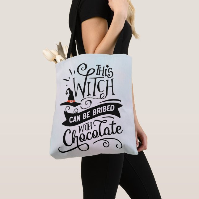 This Witch Can be Bribed With Chocolate Halloween Tote Bag (Close Up)