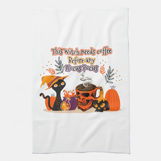 This Witch Needs Coffee Before Any Hocus Pocus Tea Towel (Vertical)