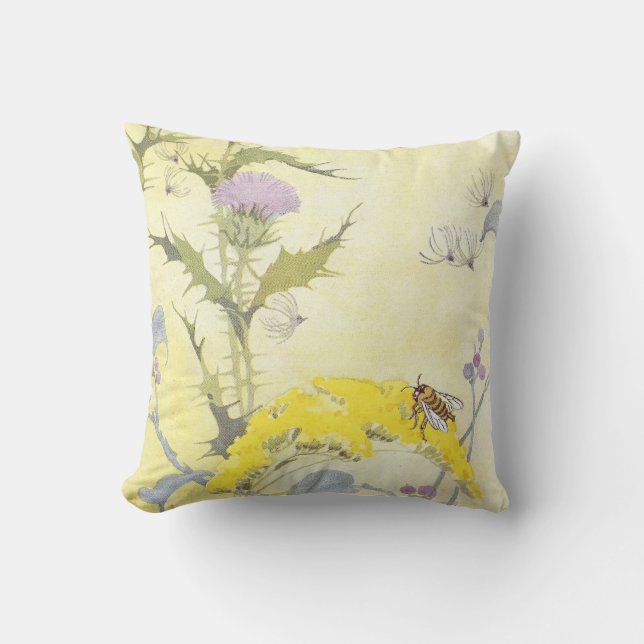 Thistle and Bee on Goldenrod Cushion (Front)