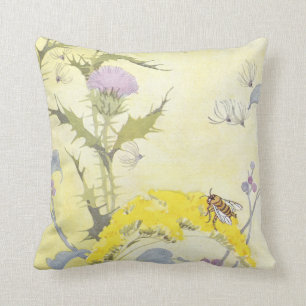 Thistle and Bee on Goldenrod Cushion
