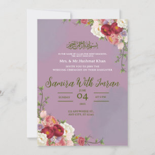 Thistle and Green Floral Muslim wedding Invitation