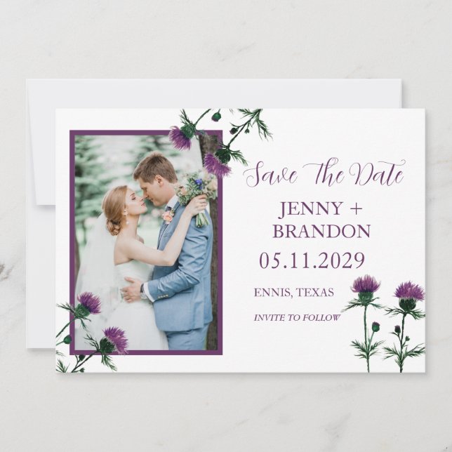Thistle Elegant Scottish Purple Floral Photo  Save The Date (Front)