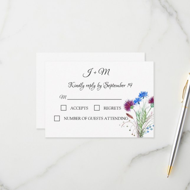 Thistle Floral Scottish Watercolor Wedding RSVP Card (Front/Back In Situ)