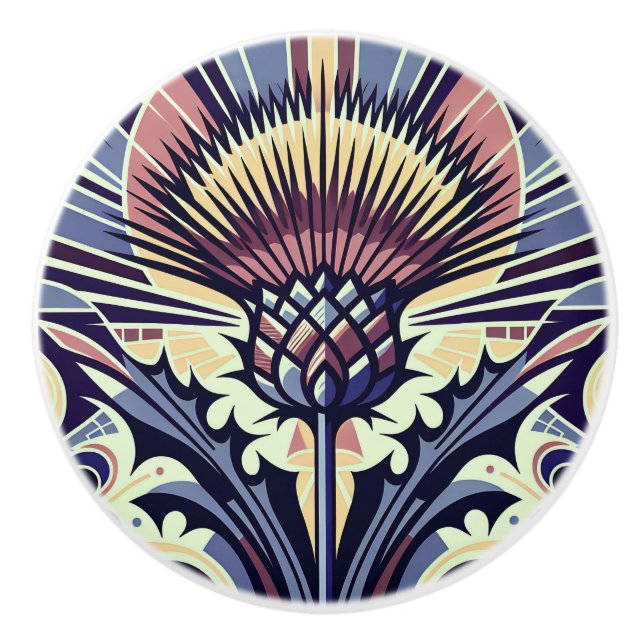 Thistle Flower Art Deco Ceramic Knob (Front)