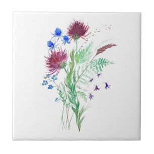 Thistle Flowers Vintage Watercolor Scotland  Ceramic Tile
