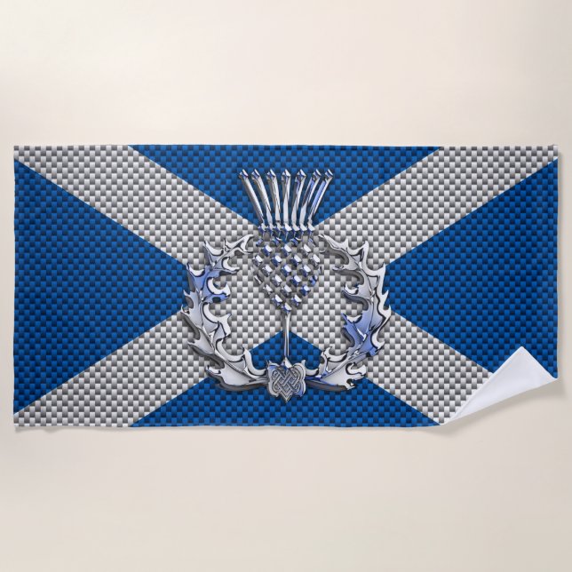 Thistle on Carbon Fibre Print on Scotland Flag Beach Towel (Front)