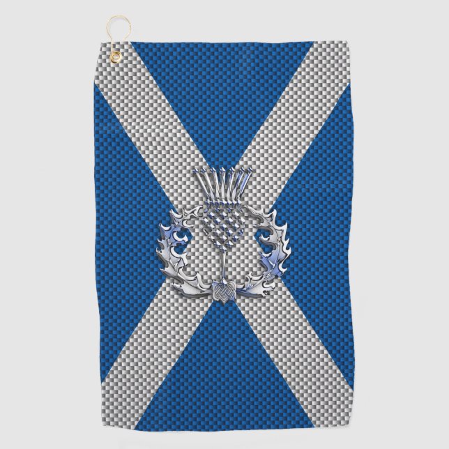 Thistle on Carbon Fibre Print on Scotland Flag Golf Towel (Front)