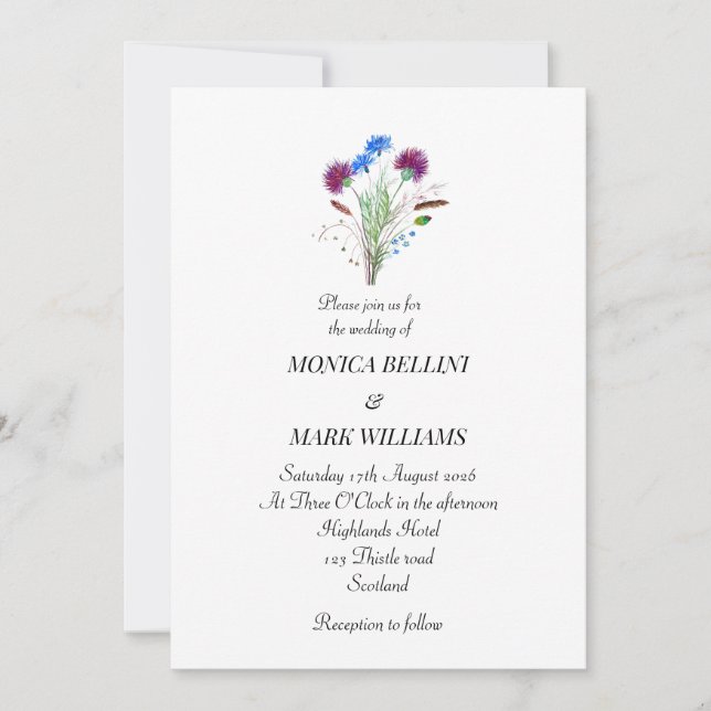 Thistle Purple Floral Scottish Minimalist Wedding Invitation (Front)