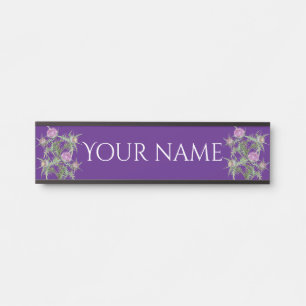 Thistle violet flowers and purple stripes door sign