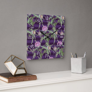 Thistle violet flowers square wall clock