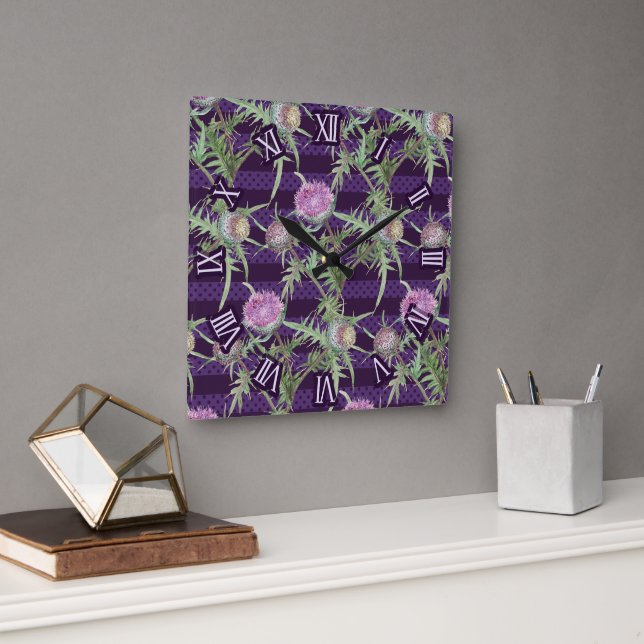 Thistle violet flowers square wall clock (Office)