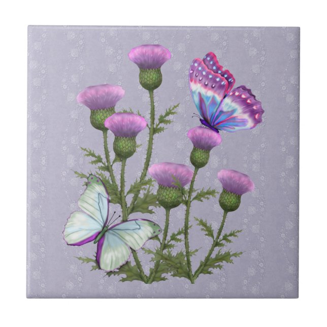 Thistles and Butterflies on Mauve Tile (Front)