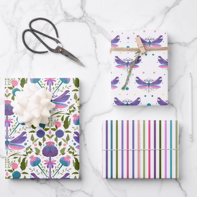 Thistles, Dragonflies and Stripes Gift Wrap (Front)