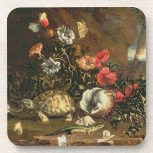 Thistles, flowers, reptiles and butterflies beside coaster