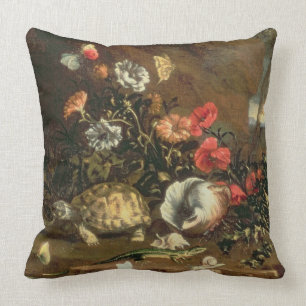 Thistles, flowers, reptiles and butterflies beside cushion