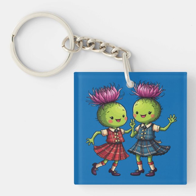 Thistles Wearing Plaid Dancing Scottish Ceilidh Key Ring (Front)