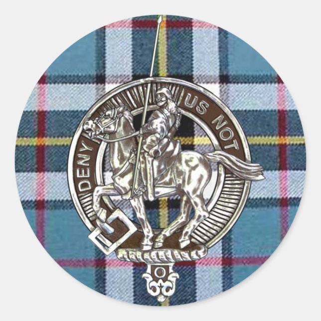 Thom(p)son clan crest on dress blue tartan classic round sticker (Front)