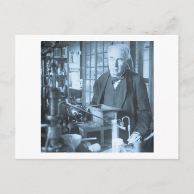 Thomas Edison in His Lab Stereoview Cyan Toned Postcard (Front)