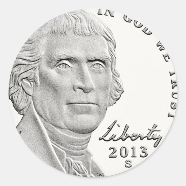 Thomas Jefferson Nickel Classic Round Sticker (Front)