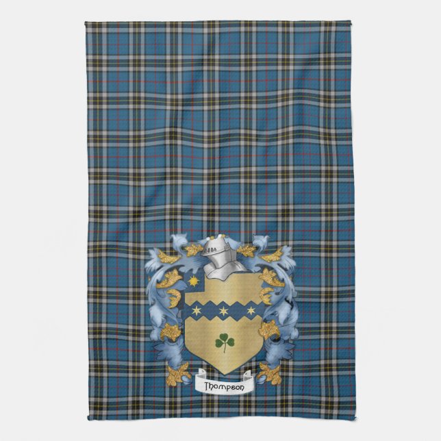 Thompson Family Crest and Tartan (Irish) Tea Towel (Vertical)