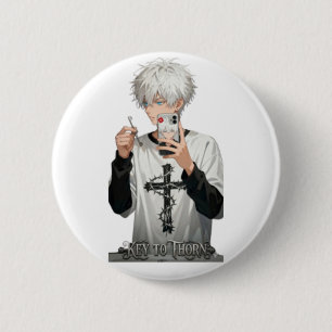 Thorned Crown Anime Boy with Key - Edgy Blue Eyes 6 Cm Round Badge