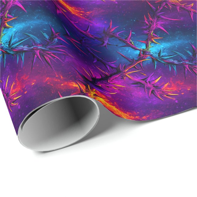 Thorny Neon Vines - Cosmic Bramble Pattern Wrapping Paper (Roll Corner)