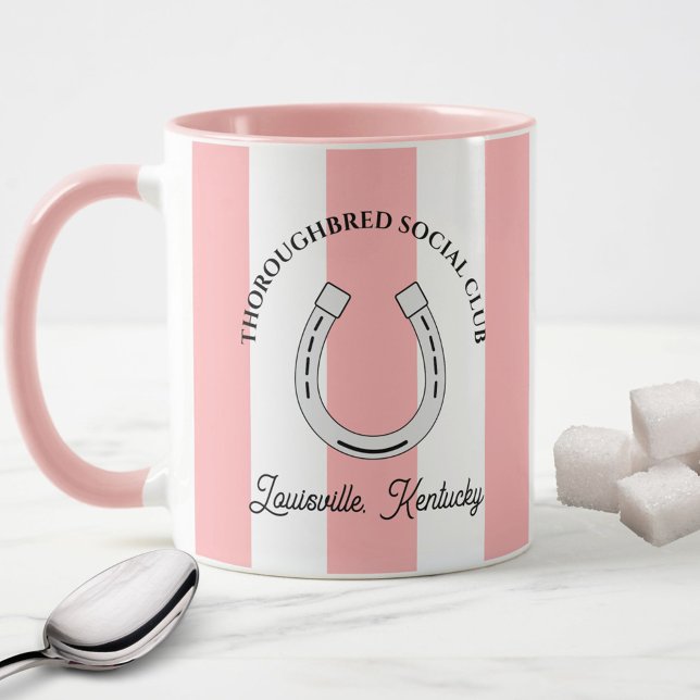 Thoroughbred Social Club Pink Stripes Horseshoe Mug (Thoroughbred Horse Racing Social Club Custom Mug in Pink Cabana Stripes)