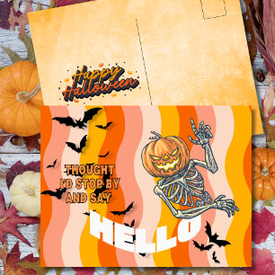 Thought I’d Stop By Pumpkin Skeleton Halloween Holiday Postcard