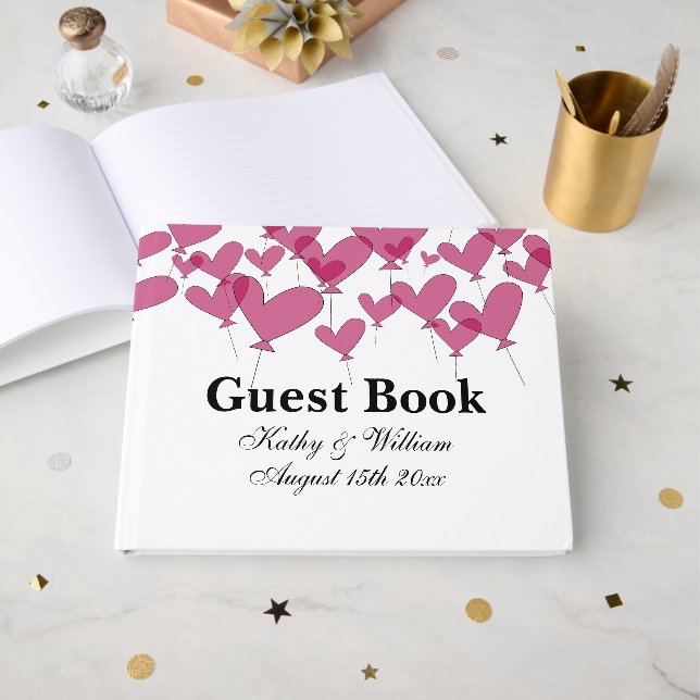 Thousand and one red heart balloons custom wedding guest book (Front Open)