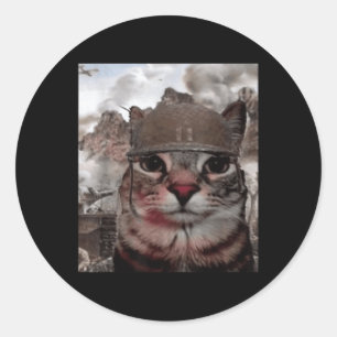 Thousand Yard Stare Funny Soldier Cat Meme In Batt Classic Round Sticker