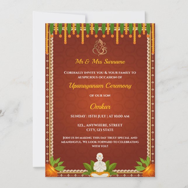 Thread Ceremony Invitation, Upanayan Card (Front)