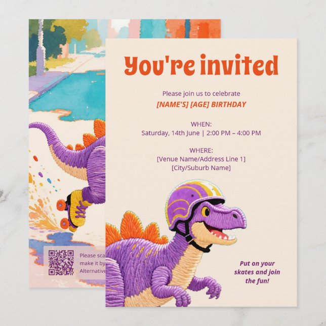 Thread-Painted Art | Dinosaur Custom Age Birthday Invitation (Front/Back)