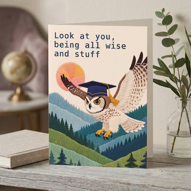 Thread-Painted Art | Owl Witty Graduation Card (Lifestyle Shot)