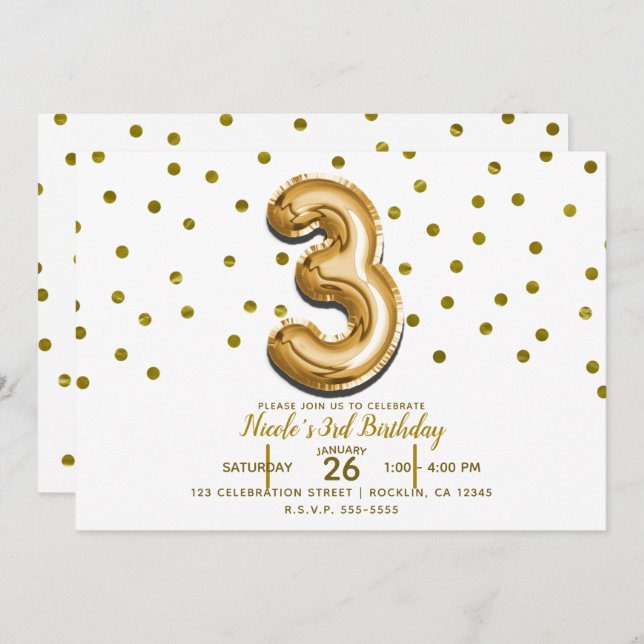 Three 3 Gold Balloon Confetti 3rd Birthday Party Invitation (Front/Back)