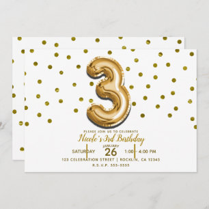 Three 3 Gold Balloon Confetti 3rd Birthday Party Invitation