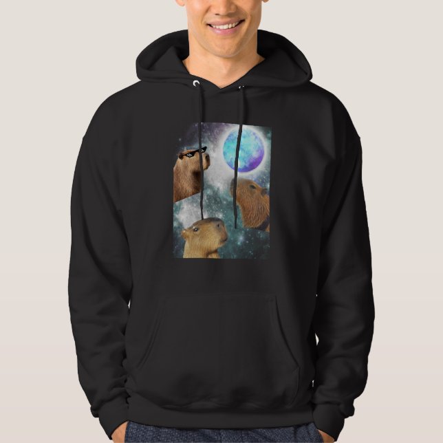 Three 3 Moon Capybaras Space Rodent Animal Parody  Hoodie (Front)