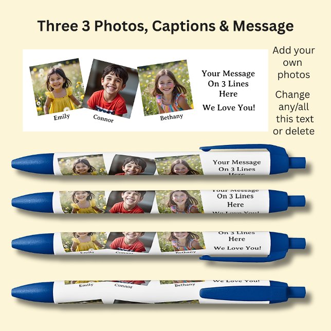 Three 3 Photos with Names & Message White on Blue Blue Ink Pen (Creator Uploaded)