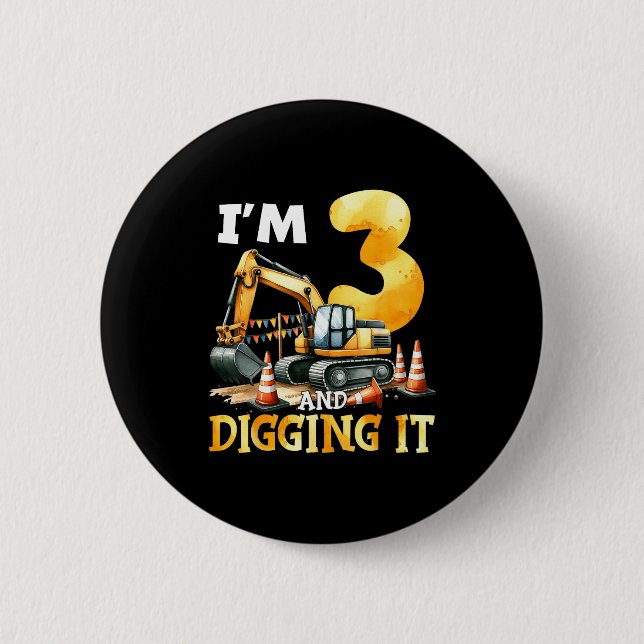 Three 3yr 3rd Birthday Construction Boy 3 Years Ol 6 Cm Round Badge (Front)