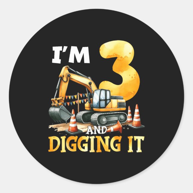 Three 3yr 3rd Birthday Construction Boy 3 Years Ol Classic Round Sticker (Front)