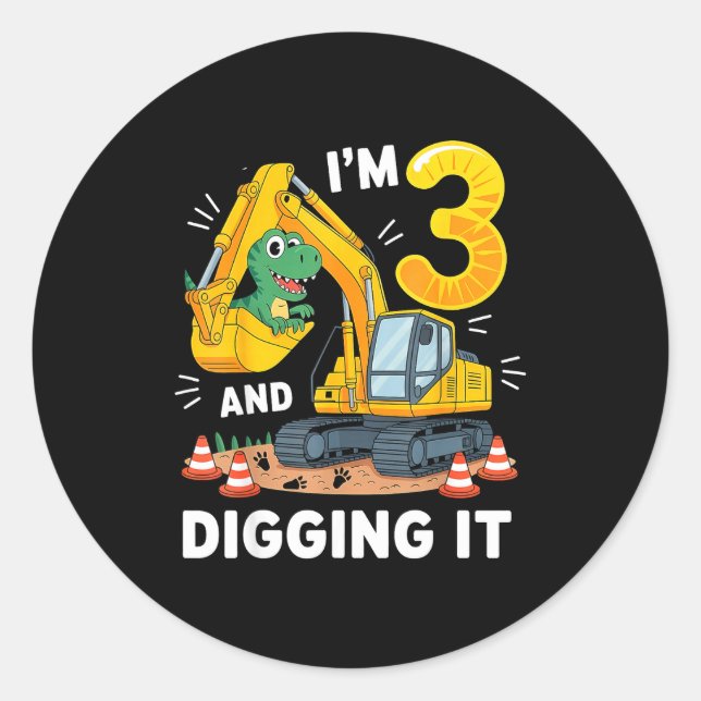 Three 3yr 3rd Birthday Construction Dinosaur Boy 3 Classic Round Sticker (Front)