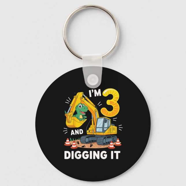 Three 3yr 3rd Birthday Construction Dinosaur Boy 3 Key Ring (Front)