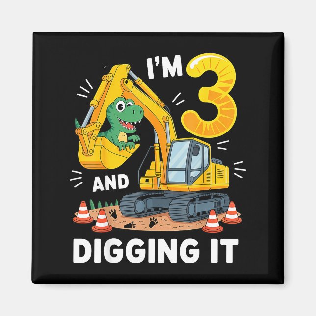 Three 3yr 3rd Birthday Construction Dinosaur Boy 3 Magnet (Front)