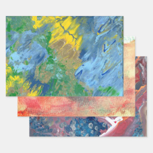 Three abstract acrylic paintings wrapping paper sheet