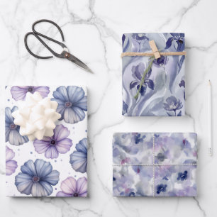 Three Abstract Floral Watercolor Lavender Blue Wrapping Paper Sheet