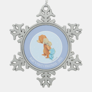 Three Adorable Bear Friends Snowflake Pewter Christmas Ornament