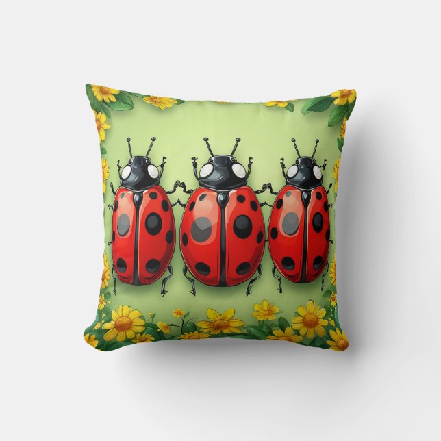 Three Adorable Ladybugs Surrounded by Flowers Cushion (Front)
